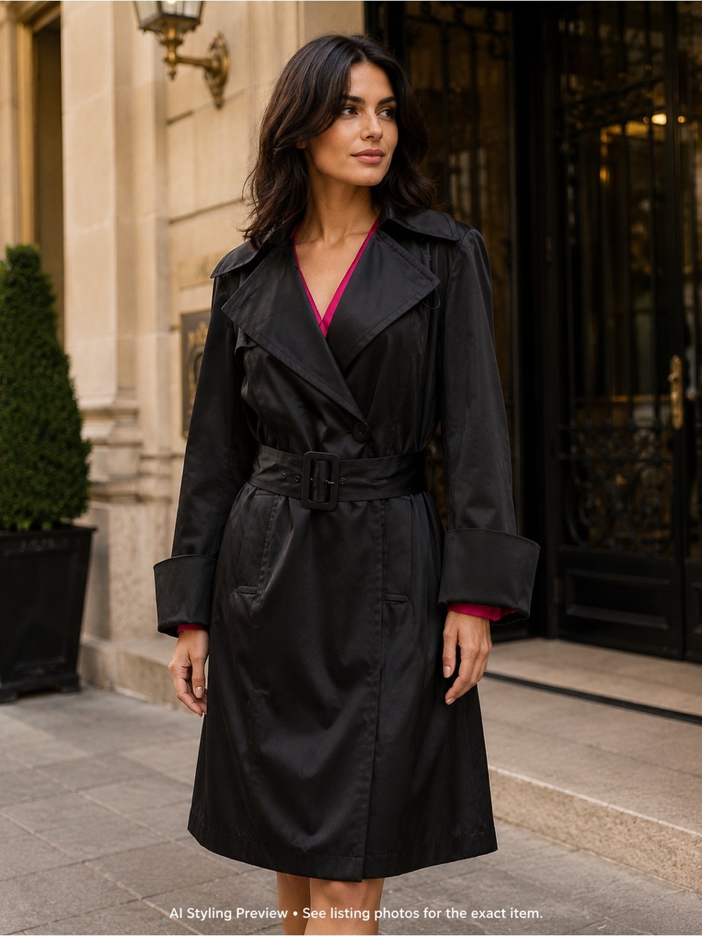 Le Château Black Satin Trench Coat M by L Belted Fuchsia Lining Made in Canada